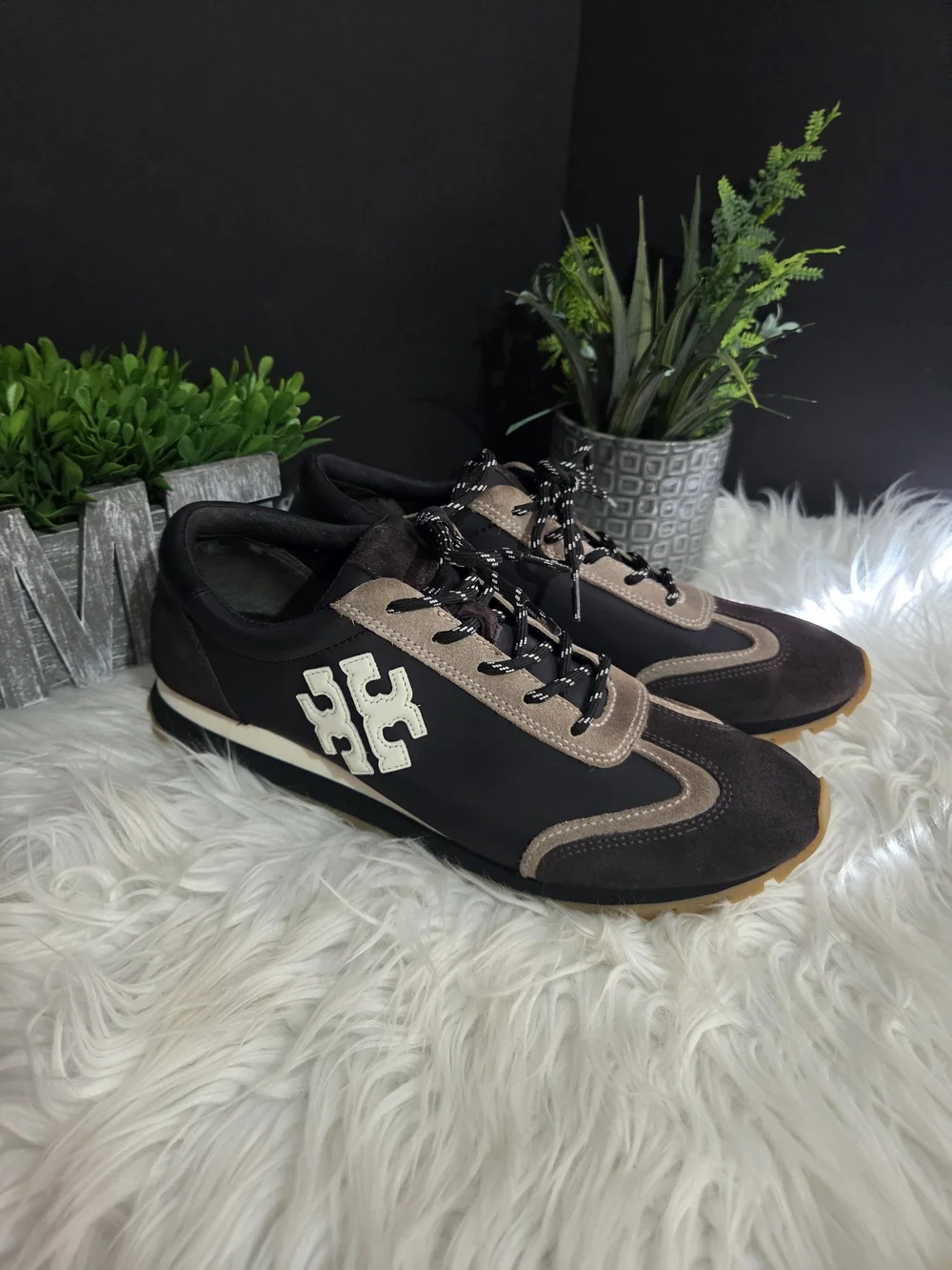 Tory Burch Black/Brown/Tan Vintage Nylon Lace-Up Women's Sneakers. Size 10.5